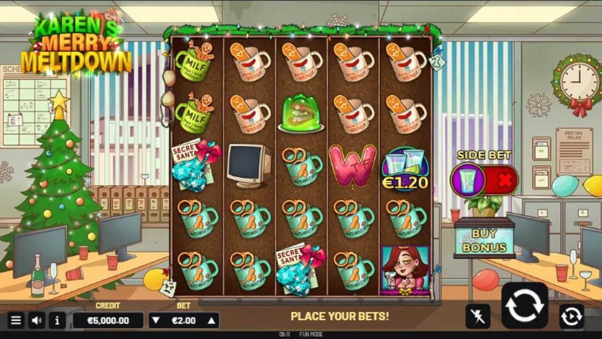 Karakter Karen yang sedang marah di pesta Natal dalam slot Karen’s Merry Meltdown